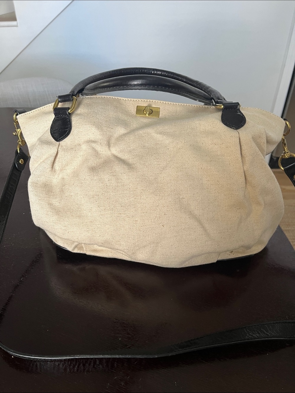 J Crew Canvas Top-Handle Satchel in Natural with Black Leather Trim